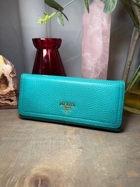 Prada Turquoise Pebbled Leather Continental Wallet with Gold Logo